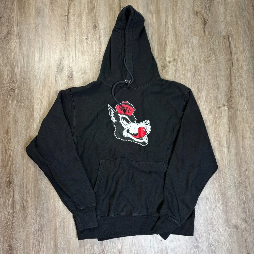 VTG NCSU Wolfpack Reverse Weave Hoodie Pullover Black Large Sweatshirt